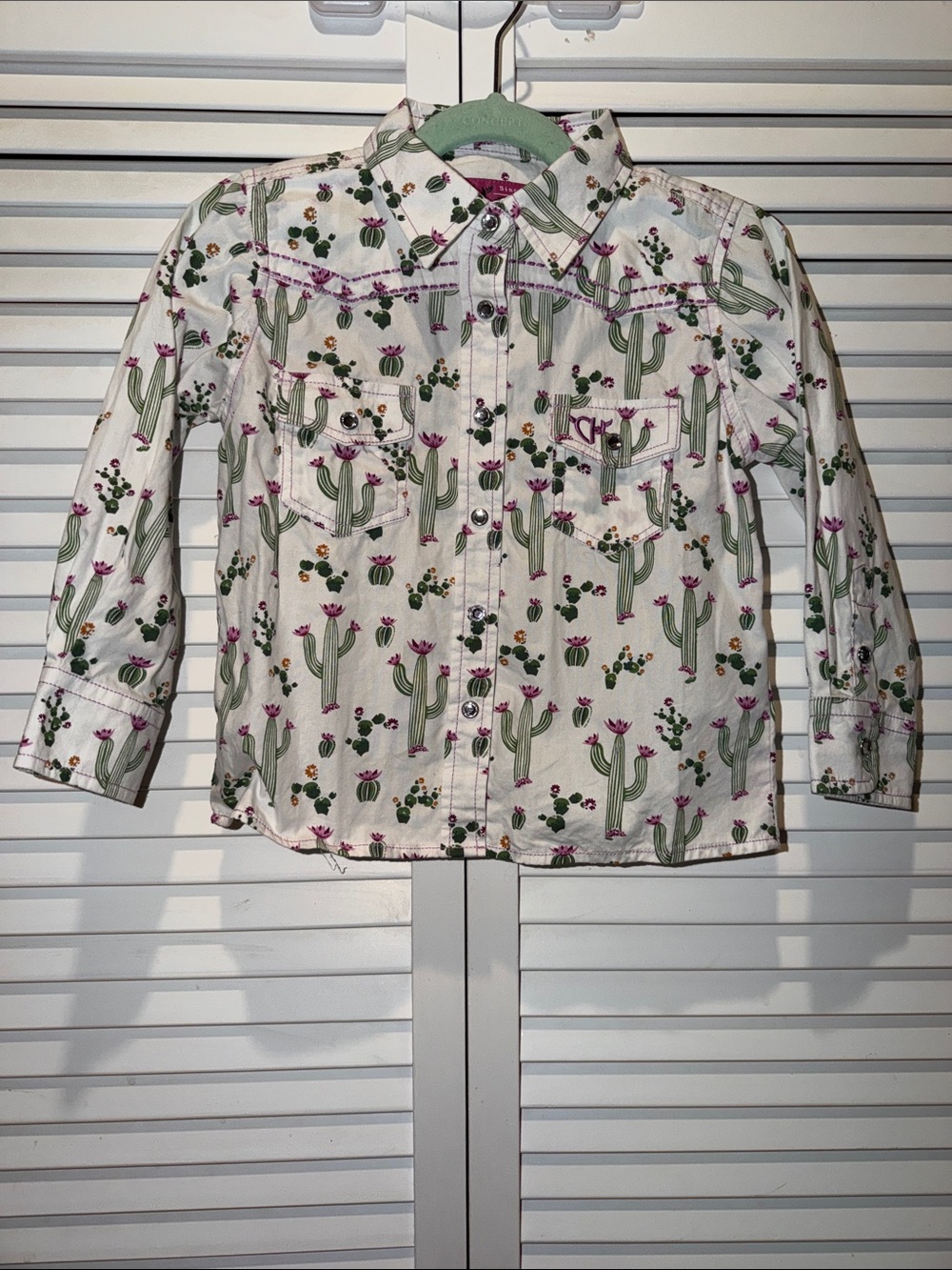 Cowgirl Hardware White Button-Up Shirt with Green Cactus Print